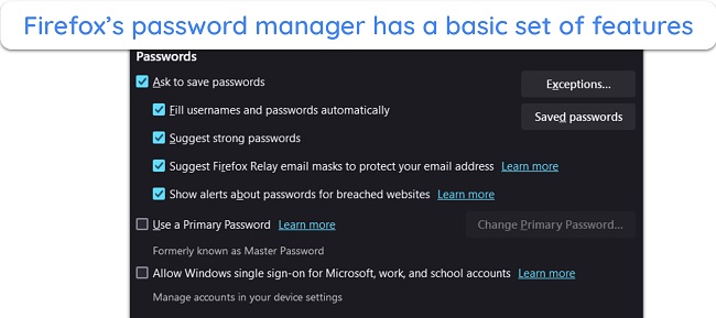 Screenshot of the features in Firefox's password manager