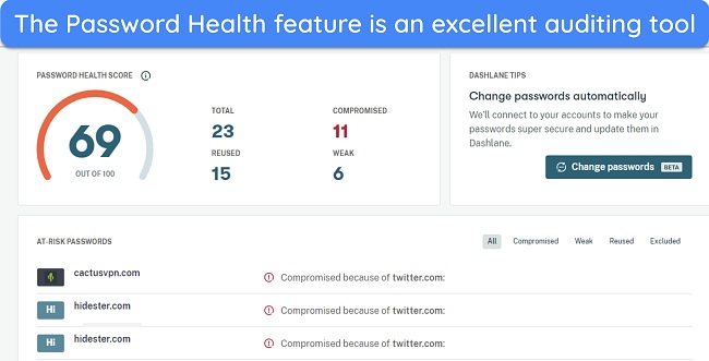 Screenshot of Dashlane's Password Health feature providing a security score