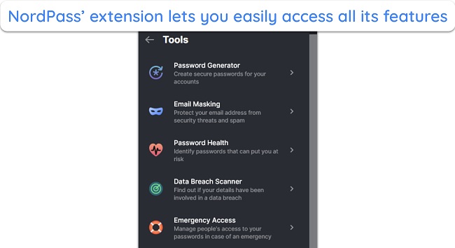 Screenshot of NordPass' extra features listed within the browser extension