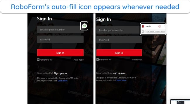 Screenshot of RoboForm's auto-fill icon asking to fill login information on Netflix