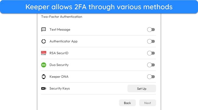 Screenshot showing the 2FA methods supported by Keeper