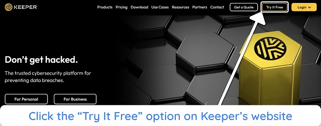 Screenshot showing how to choose Keeper's free trial option