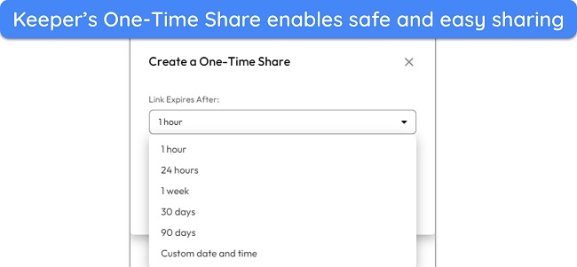 Screenshot showing the various link expiry options offered by Keeper's One-Time Share feature