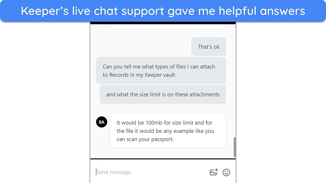 Screenshot of a conversation with Keeper's live chat support