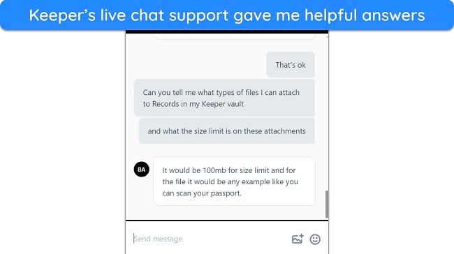 Screenshot of a conversation with Keeper's live chat support