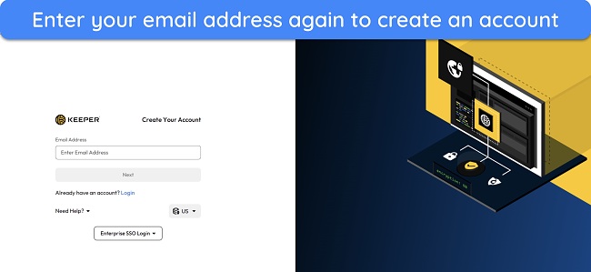 Screenshot of Keeper asking to enter an email address to create a new account