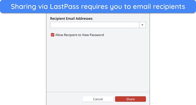 Screenshot of LastPass asking for the recipient's email to share a password