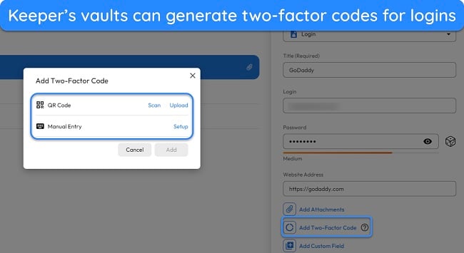 Screenshot showing how to generate 2FA codes in Keeper's vault