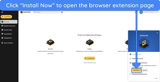 Screenshot showing how to access the browser extension page once you've signed up for Keeper
