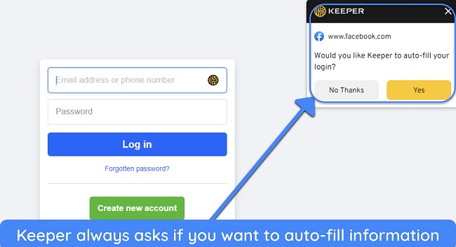Screenshot of Keeper asking to fill login information on Facebook
