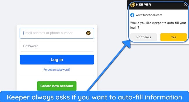 Screenshot of Keeper asking to fill login information on Facebook