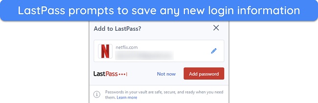Screenshot of LastPass asking to save a new Netflix login