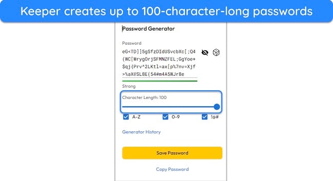 Screenshot showing the max character length of the passwords Keeper generates