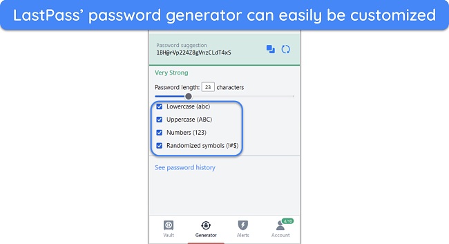 Screenshot showing how you can customize the passwords LastPass generates