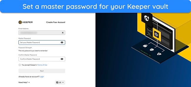 Screenshot showing the master password creation step of Keeper's sign-up process