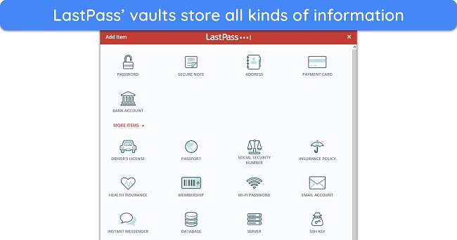 Screenshot showing the data supported by LastPass' vault