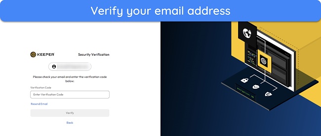 Screenshot showing the email verification step of Keeper's sign-up process