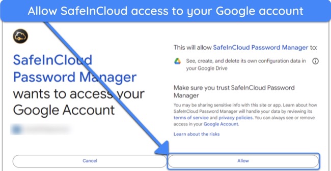Screenshot of Google asking for confirmation to give SafeInCloud account access