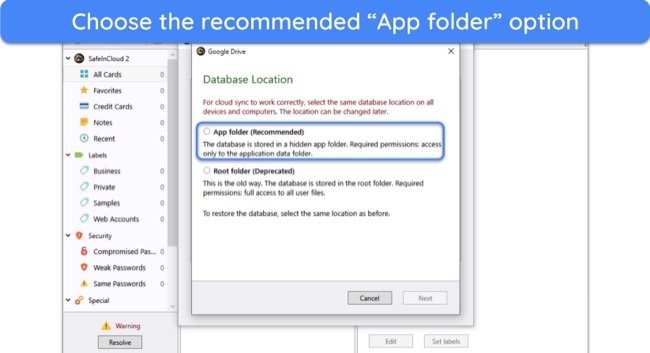 Screenshot showing how to choose your database storage location for SafeInCloud cloud storage