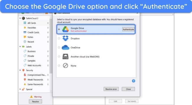 Screenshot showing how to add Google Drive for cloud synchronization in SafeInCloud