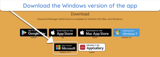 Screenshot showing how to get SafeInCloud for Windows 10 and 11