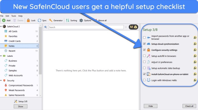  Screenshot of the beginner setup guide in SafeInCloud's desktop app