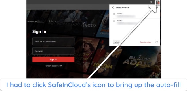 Screenshot showing how to use SafeInCloud's auto-fill feature