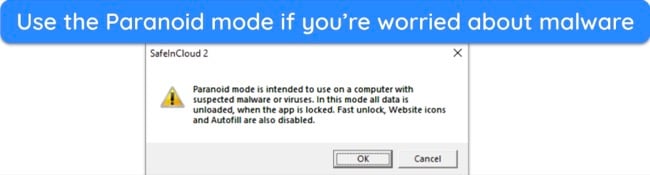 Screenshot showing what happens when you enabled the Paranoid mode in SafeInCloud