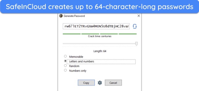 Screenshot of SafeInCloud generating a secure password