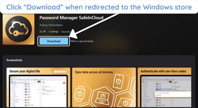 Screenshot showing how to download SafeInCloud from the Windows store