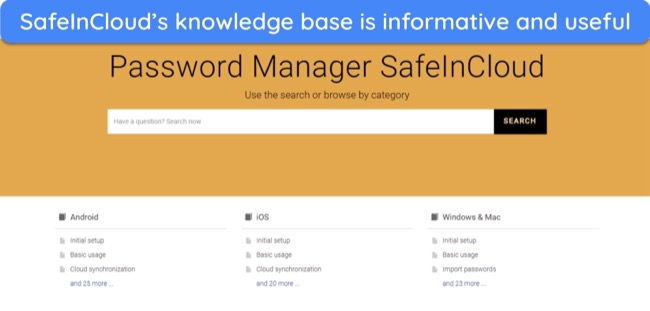 Screenshot of SafeInCloud's online knowledge base