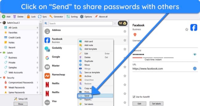 Screenshot showing how to share information when using SafeInCloud's desktop app