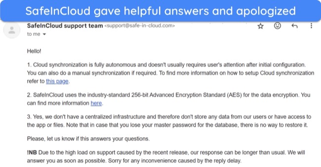 Screenshot of a detailed answer from SafeInCloud's email support