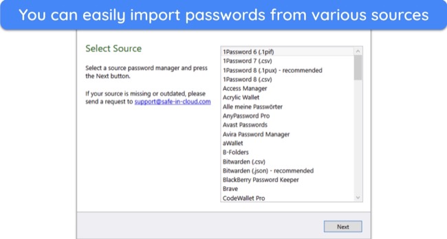 Screenshot showing the sources SafeInCloud can import data from