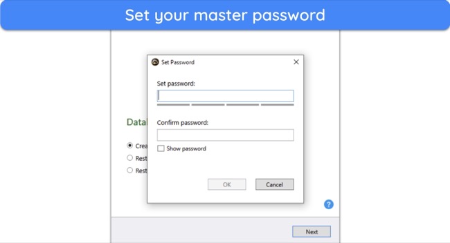 Screenshot showing the master password creation menu in SafeInCloud