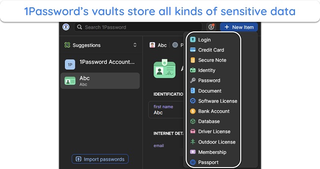 Screenshot showing the types of data you can store in 1Password's vaults