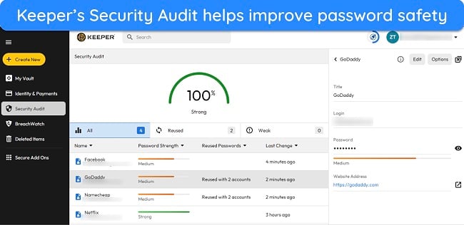 Screenshot showing Keeper's Security Audit interface