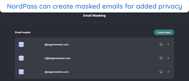 Screenshot of Nordpass creating masked emails