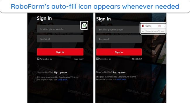 Screenshot of RoboForm's auto-fill dialog appearing on the Netflix login page