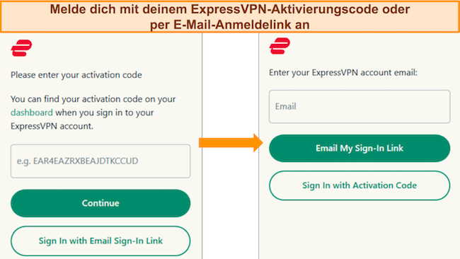 Bild zeigt die beiden Anmeldeoptionen von ExpressVPN &ndash; per Aktivierungscode oder E-Mail-Anmeldelink