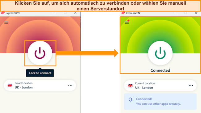 Screenshots der Windows-App von ExpressVPN, getrennt und verbunden mit einem Server in Gro&szlig;britannien und London