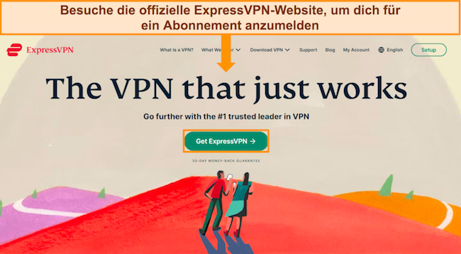 Bild der Website von ExpressVPN mit Hervorhebung der Schaltfl&auml;che &bdquo;Get ExpressVPN&ldquo;.