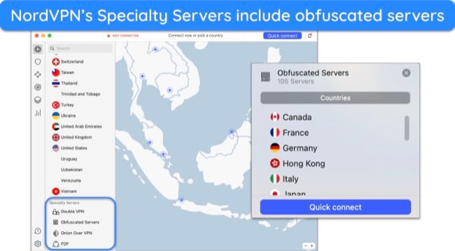 Screenshot of NordVPN's Specialty Servers and Obfuscated Servers