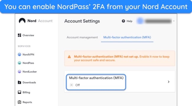 Screenshot of how to activate two-factor authentication on NordPass