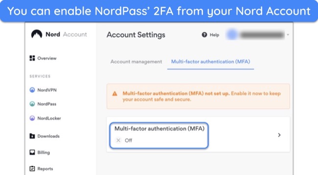 Screenshot of how to activate two-factor authentication on NordPass