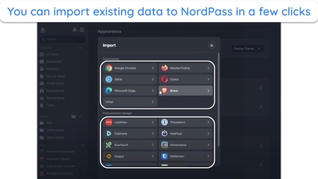 Screenshot of how to import data on NordPass through a browser or another password manager