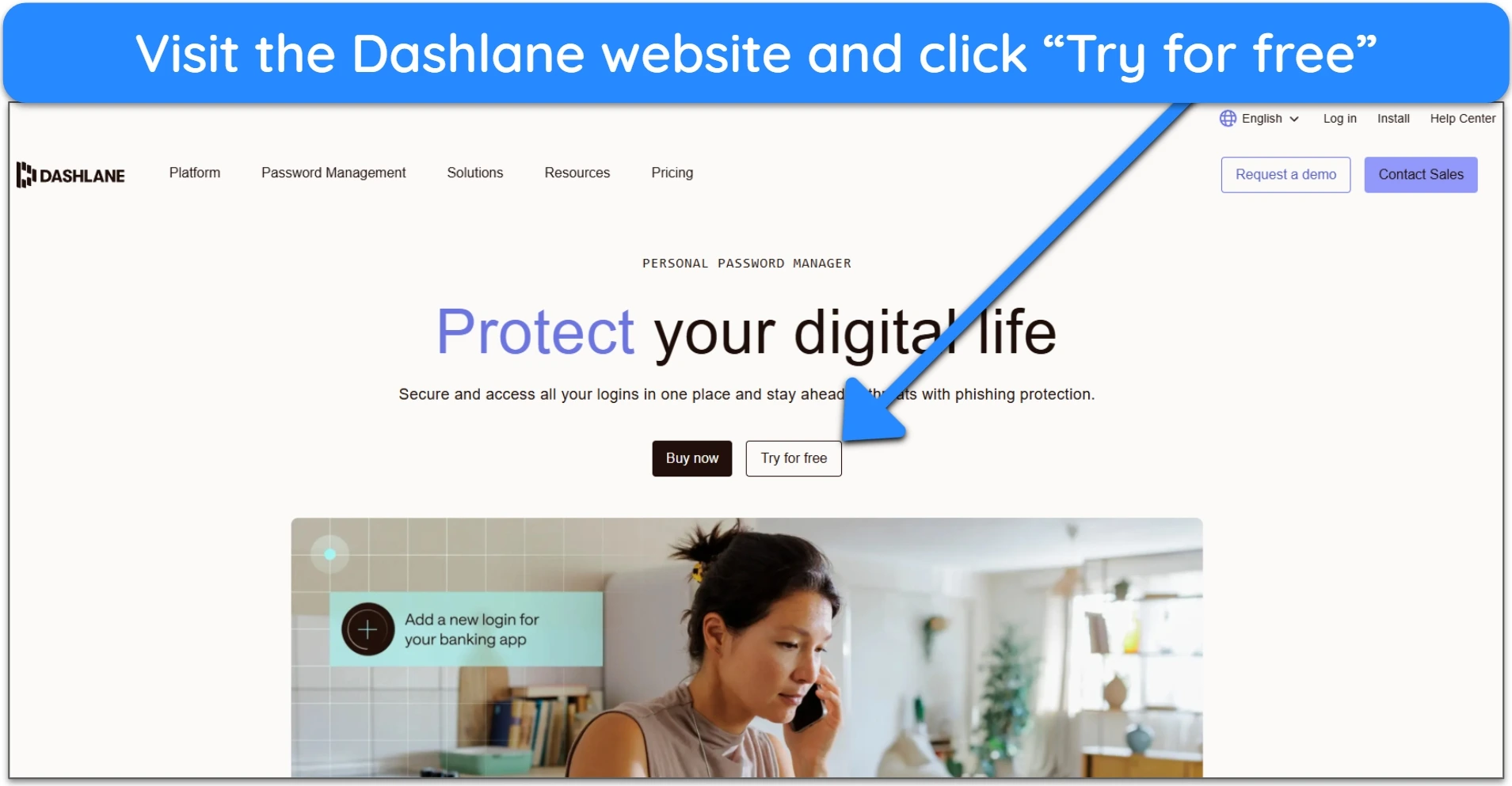 Image of Dashlane's personal password manager home page, highlighting the