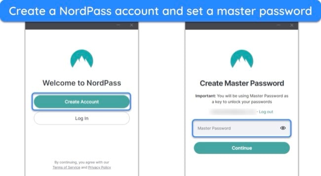 Screenshot of creating a NordPass account and setting a master password