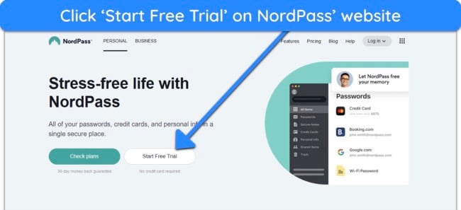 Screenshot of NordPass' website showing the 'Start Free Trial' button
