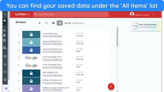 Screenshot of LastPass' list of stored credentials under the 'All Items' tab